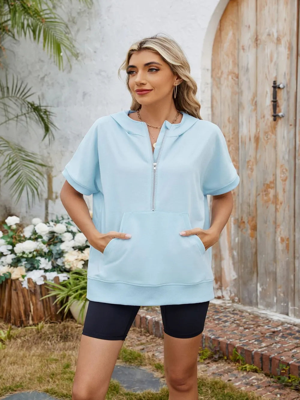 Half Zip Short Sleeve Hooded Top - Korvel