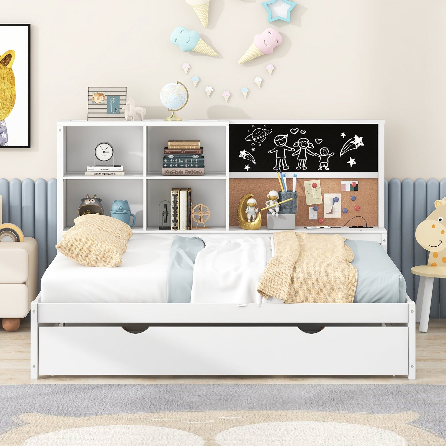 Full Size Daybed with Storage Shelves, Blackboard, Cork board, USB Ports and Twin Size Trundle  White - Korvel
