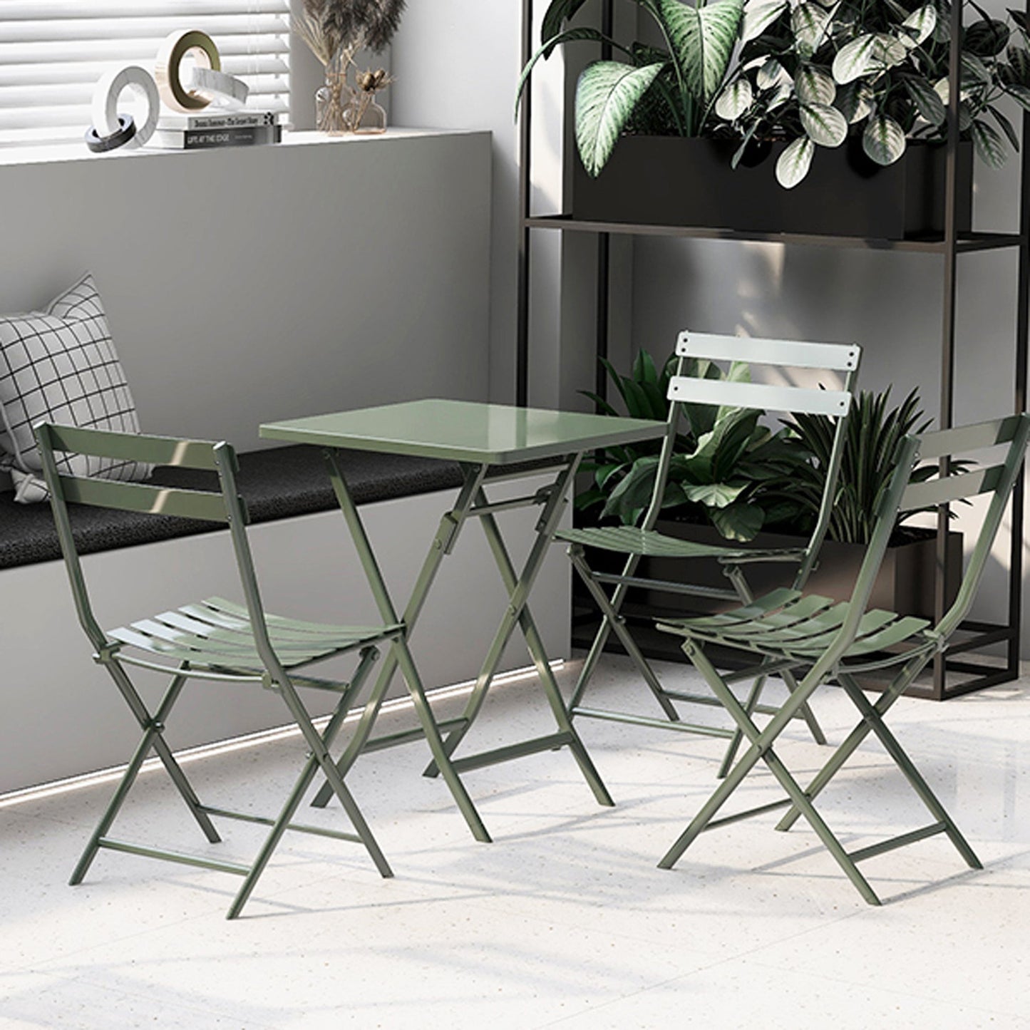 3 Piece Patio Bistro Set of Foldable SquareTable and Chairs, Dark Greem - Korvel