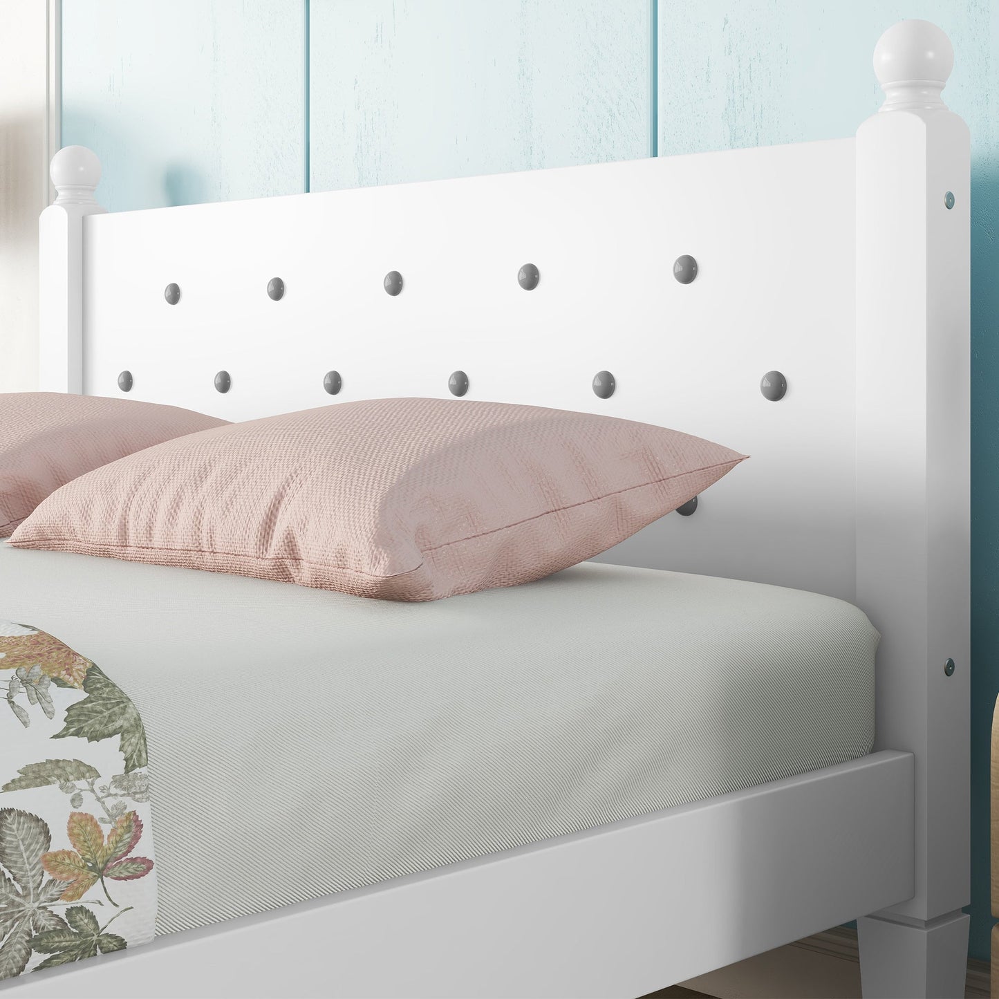 Twin Bed with Button-Decoration Headboard, with Bed Slats,White - Korvel