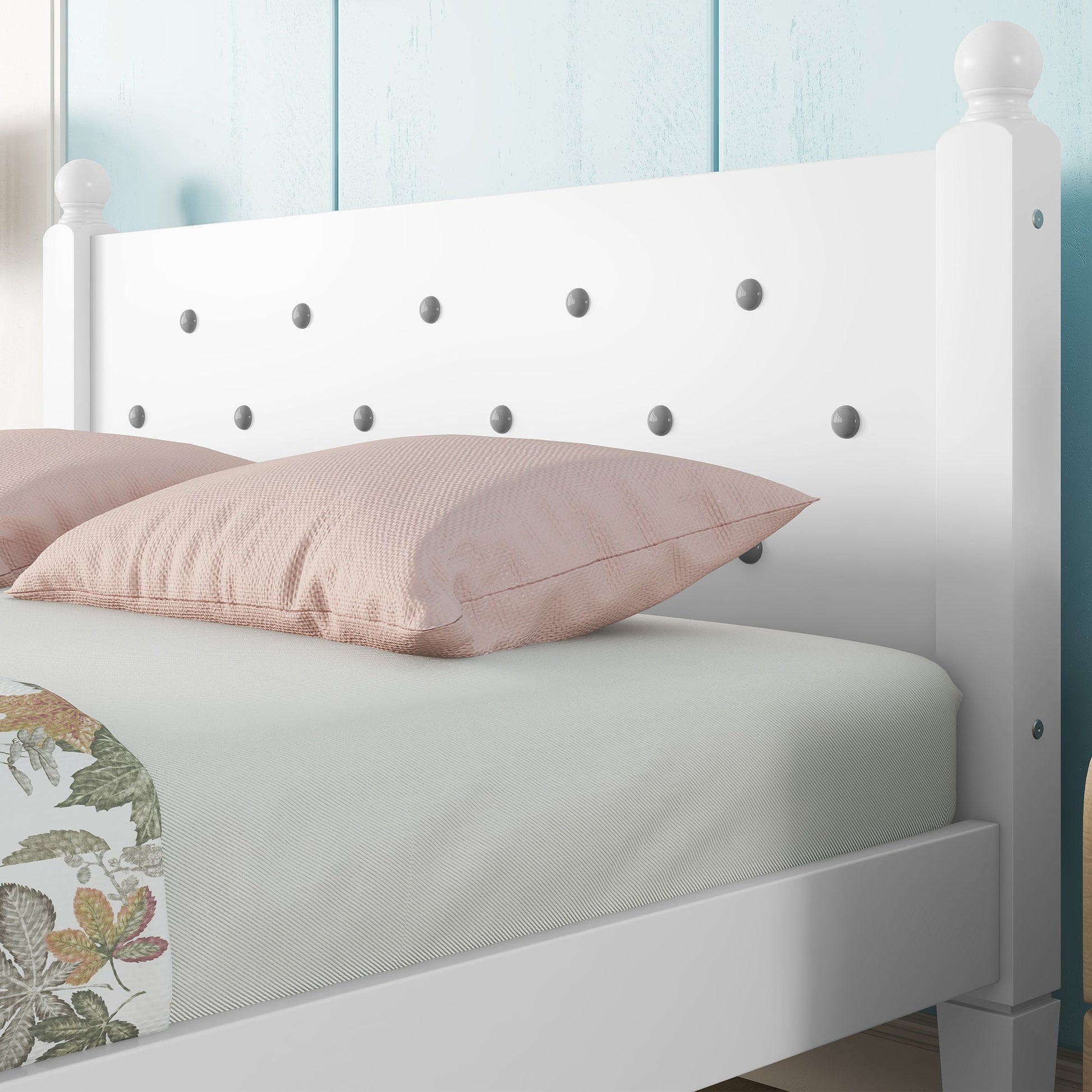 Twin Bed with Button-Decoration Headboard, with Bed Slats,White - Korvel