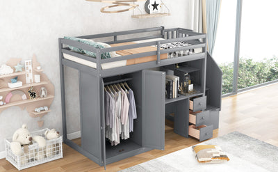 Twin Size Loft Bed with Wardrobe and Storage in Gray
