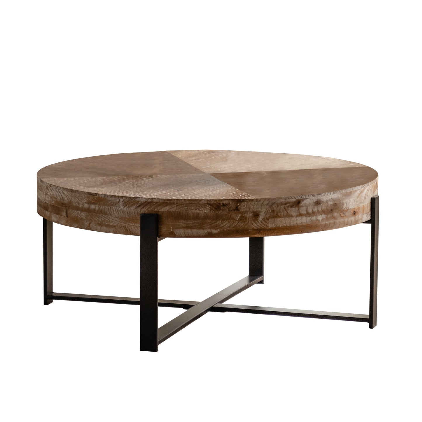 31.29"Modern Retro Splicing Round Coffee Table  Fir Wood Table Top with Cross Legs Metal Base(Same SKU:W757123560) - Korvel
