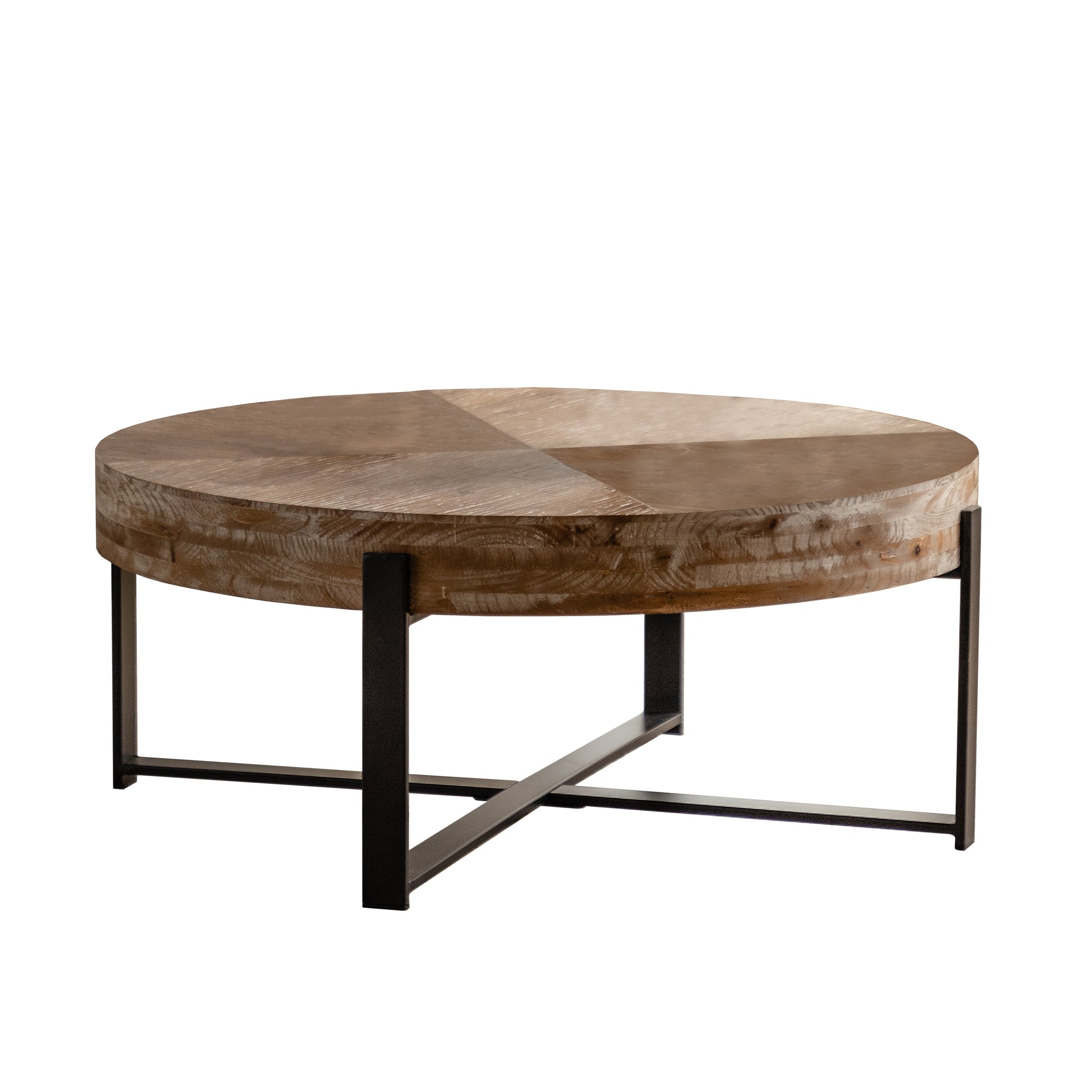 31.29"Modern Retro Splicing Round Coffee Table  Fir Wood Table Top with Cross Legs Metal Base(Same SKU:W757123560) - Korvel