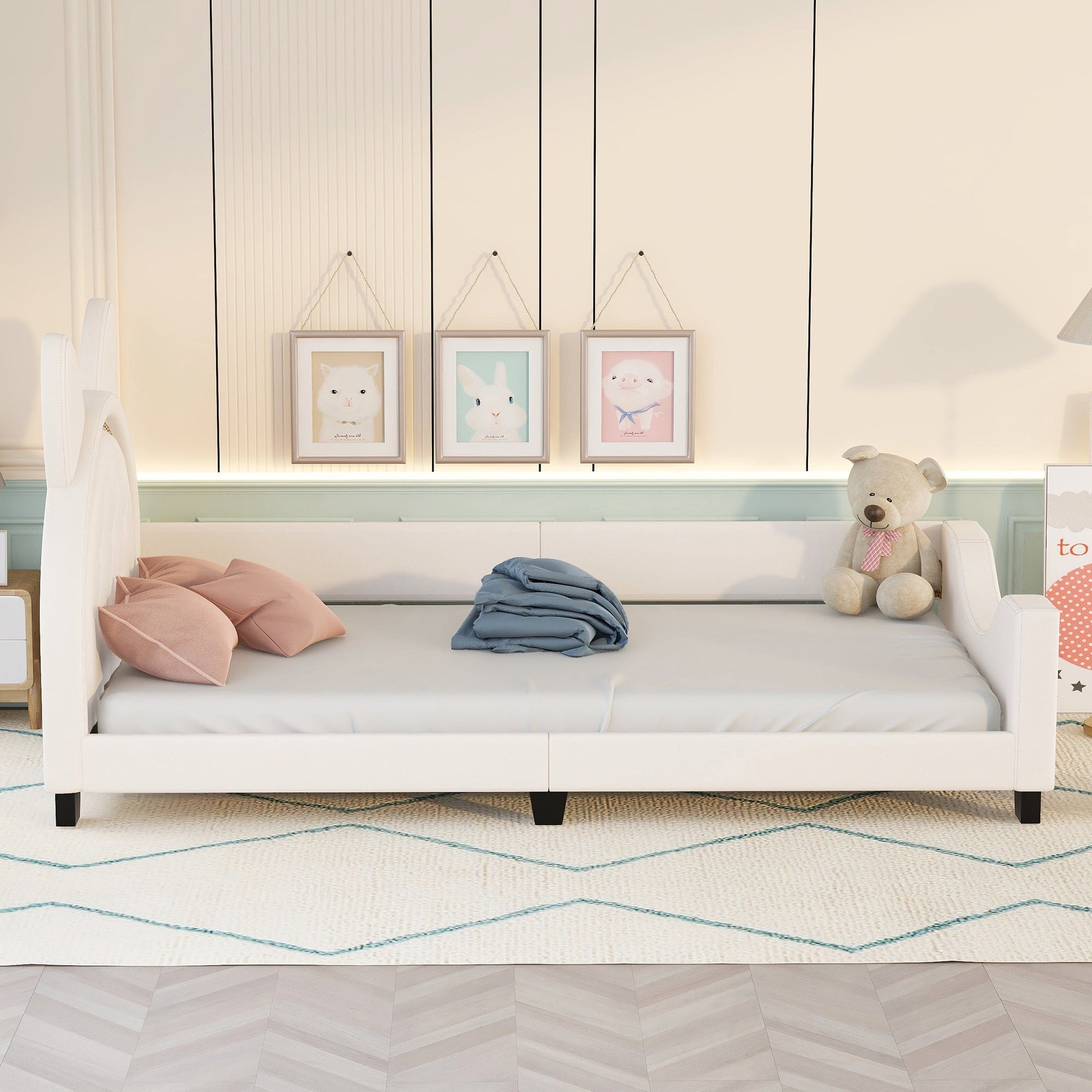 Twin Size Upholstered Daybed with Carton Ears Shaped Headboard  White - Korvel
