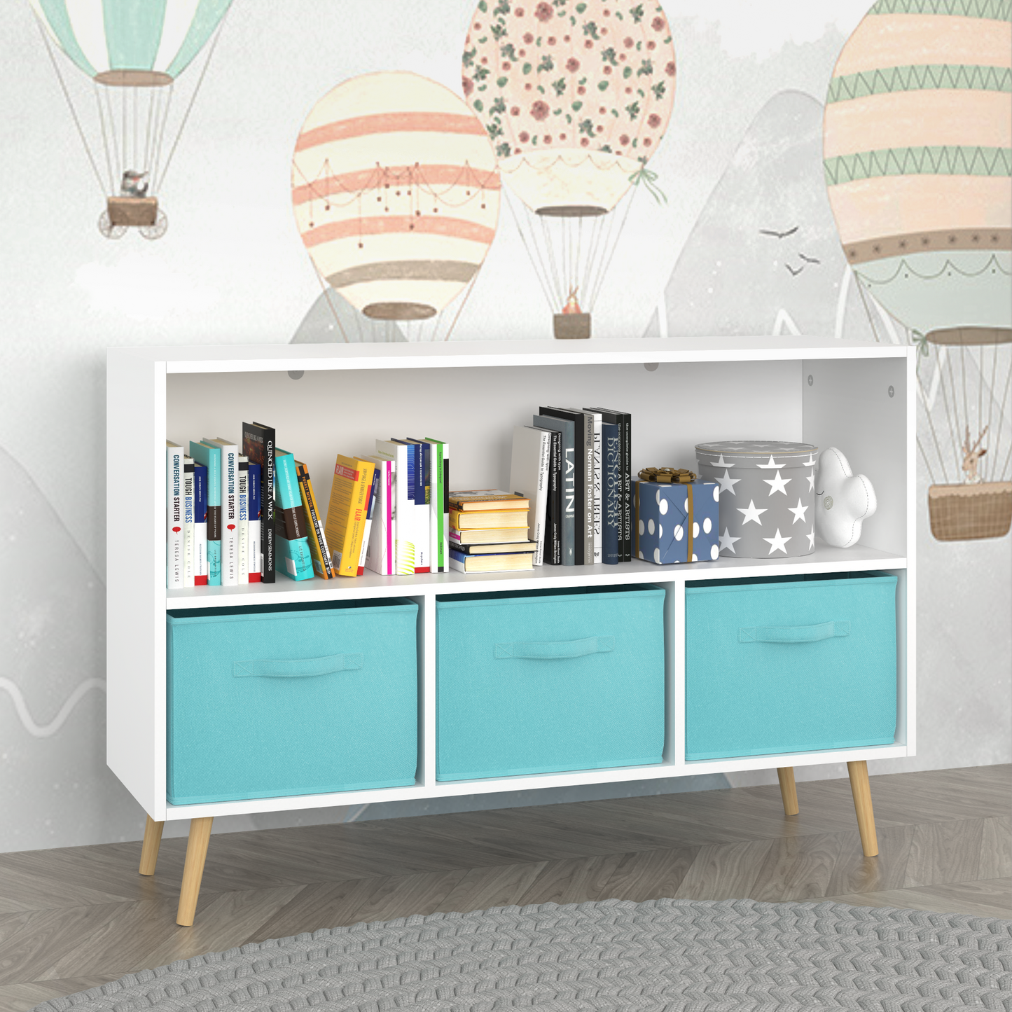 Kids bookcase with Collapsible Fabric Drawers Children's Book Display Toy Storage Cabinet Organizer White/Blue - Korvel