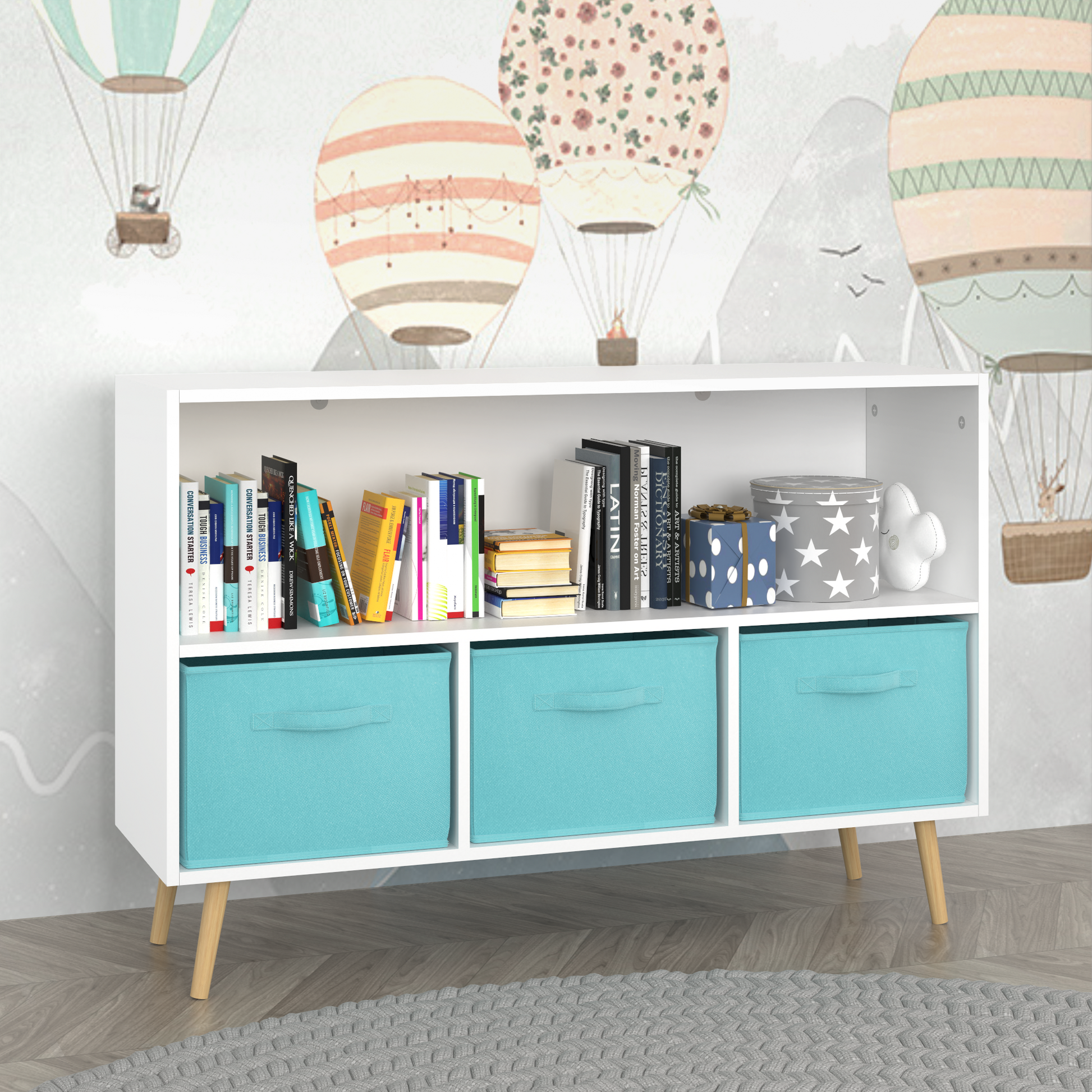 Kids bookcase with Collapsible Fabric Drawers Children's Book Display Toy Storage Cabinet Organizer White/Blue - Korvel