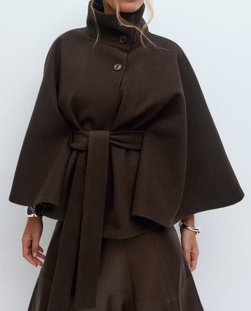 Manteau Trench Élégant d'Hiver à Col Montant et Manches Chauve-Souris pour Femmes