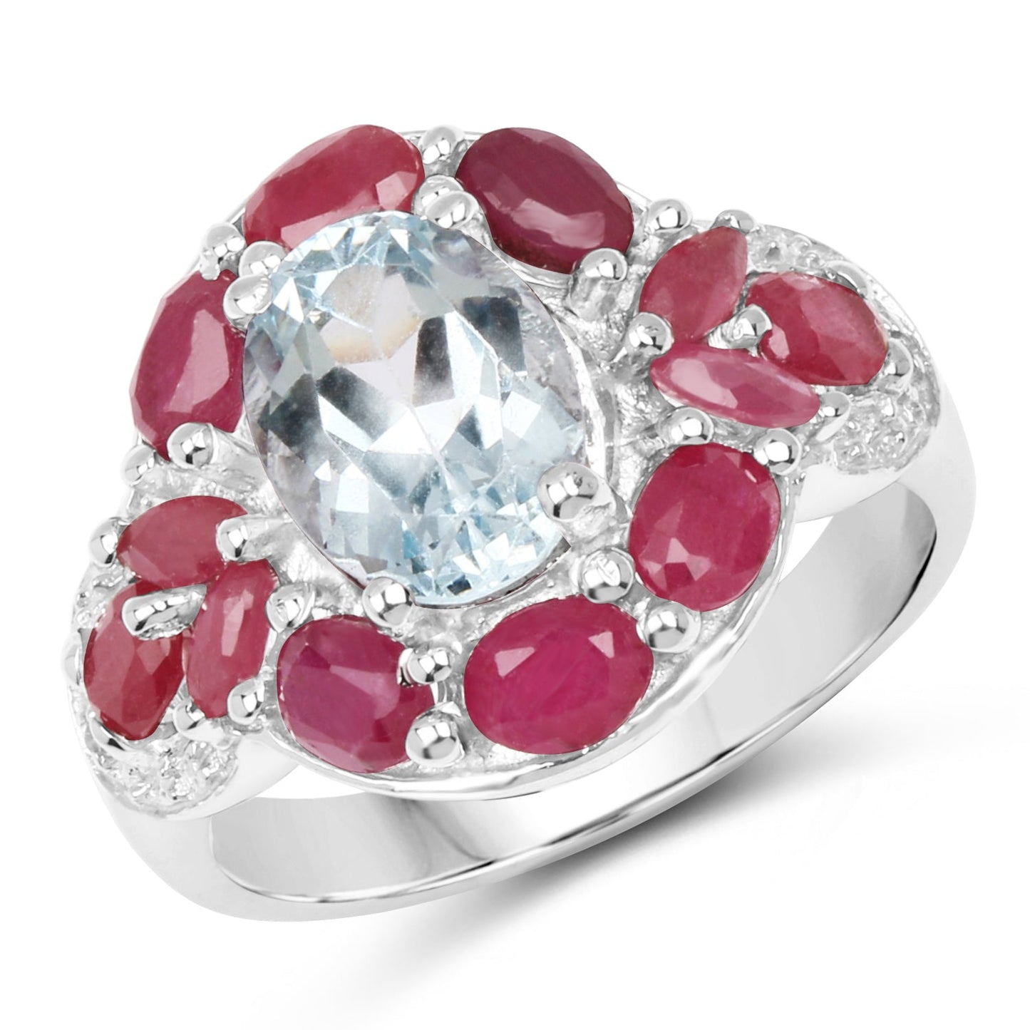 3.54 Carat Aquamarine, Ruby & White Topaz Sterling Silver Ring