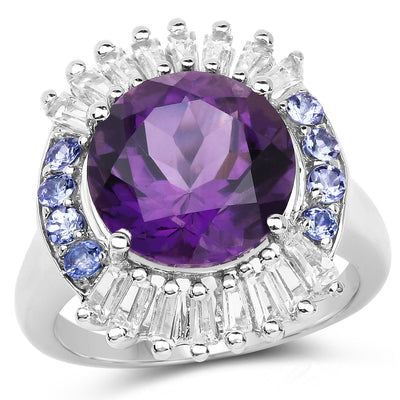 Bague en argent sterling avec améthyste de 5,24 carats, tanzanite et topaze blanche