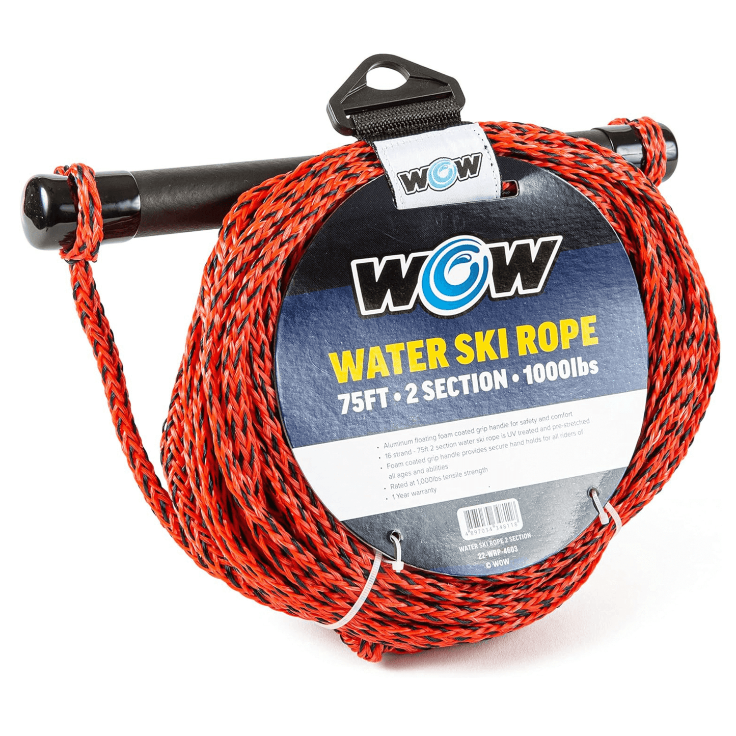 Corde de ski nautique WOW Watersports de 75 pieds en 2 sections traitée UV