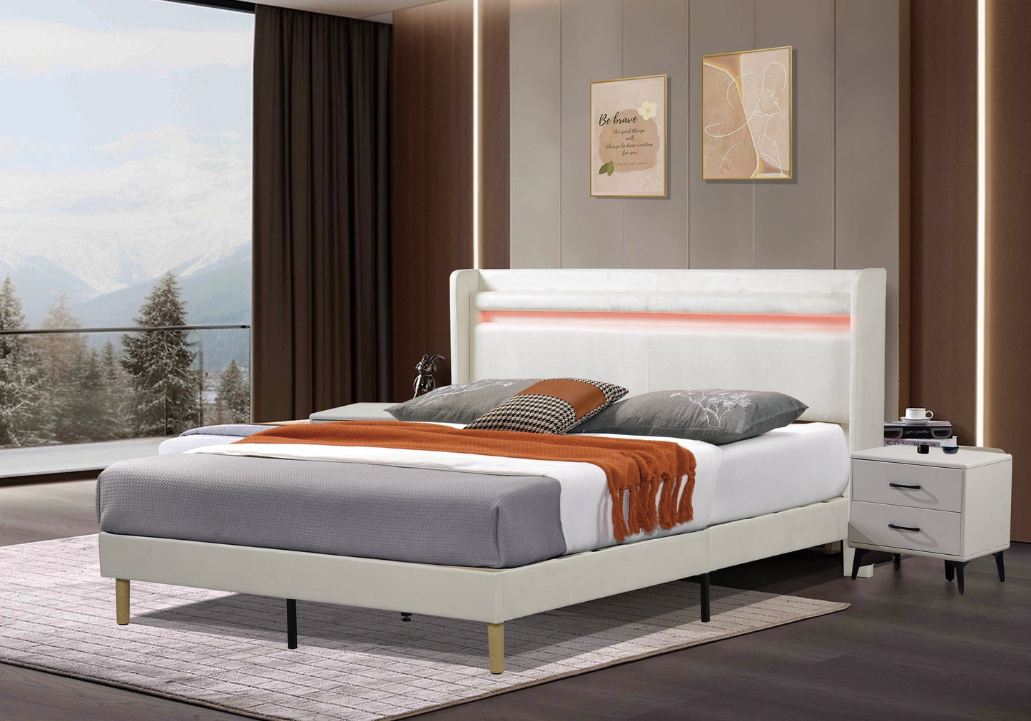 LED light with remote control and color changing at the head of the bed. The bed is firm and stable and easy to assemble - Korvel