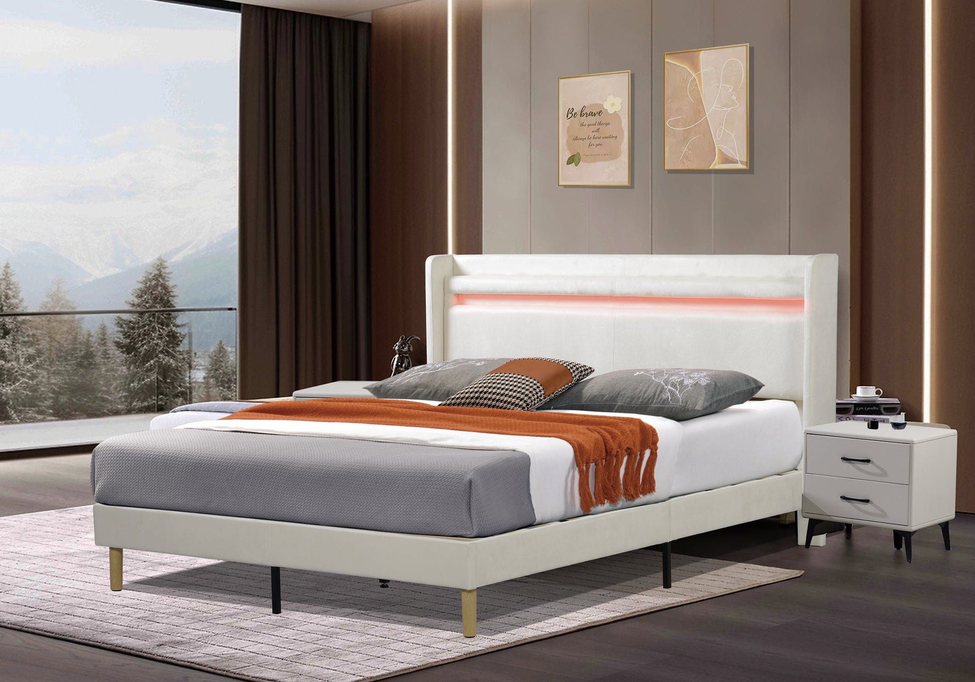 LED light with remote control and color changing at the head of the bed. The bed is firm and stable and easy to assemble - Korvel