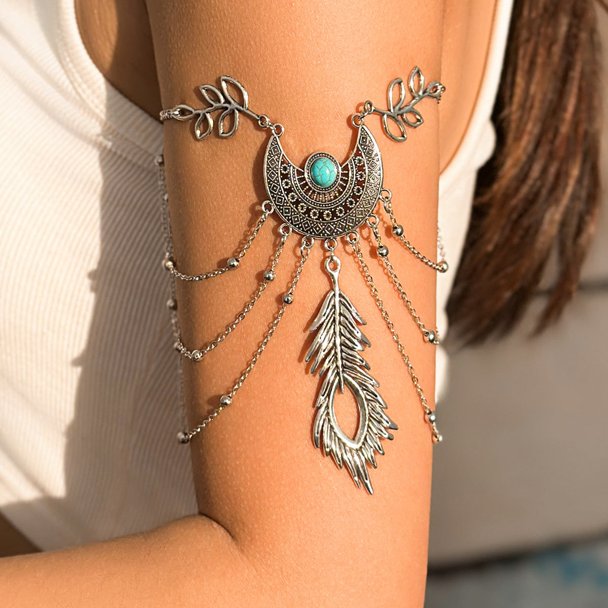 Bohemian metal chain jewelry arm chain punk retro dream catcher net leaf tassel open arm bracelet - Korvel