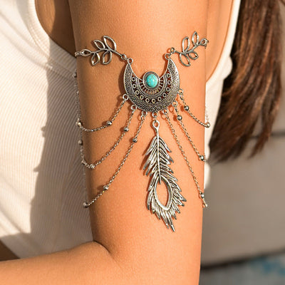 Bohemian metal chain jewelry arm chain punk retro dream catcher net leaf tassel open arm bracelet - Korvel