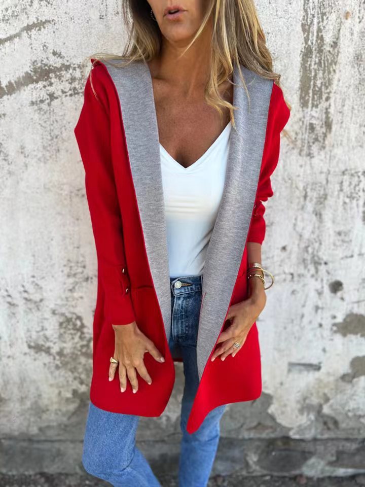 Manteau Cardigan Contrast Élégant pour Femmes avec Capuche