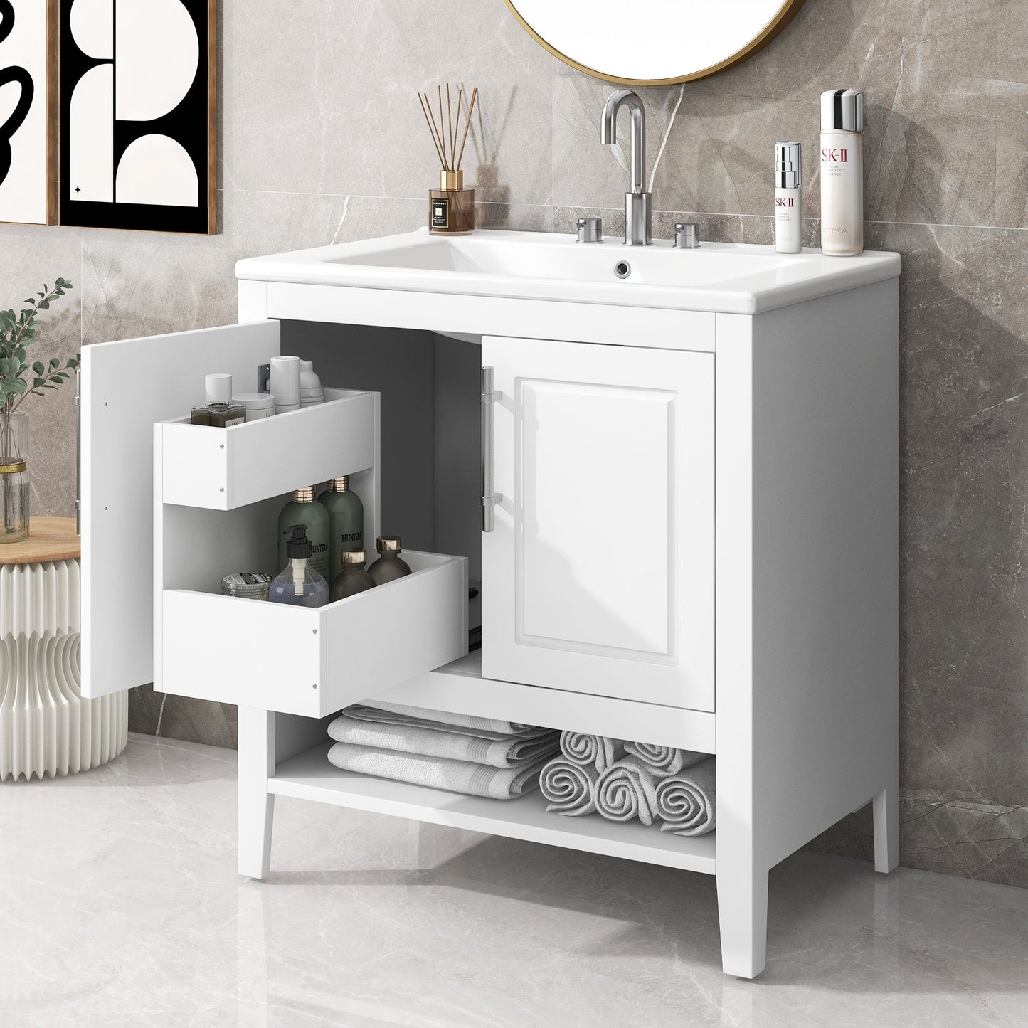 30" Bathroom Vanity with Sink  Multi-functional Bathroom Cabinet with Doors and Drawers Solid Frame and MDF Board, White - Korvel