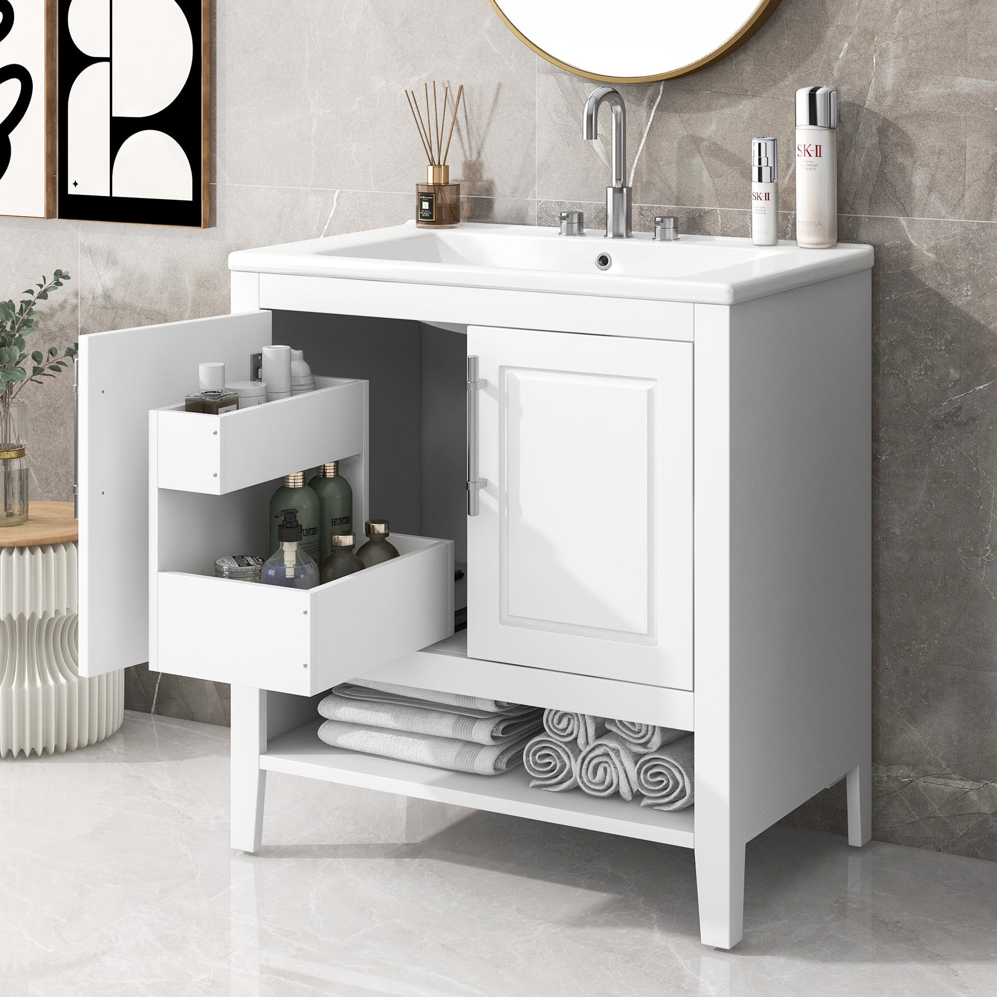 30" Bathroom Vanity with Sink  Multi-functional Bathroom Cabinet with Doors and Drawers Solid Frame and MDF Board, White - Korvel