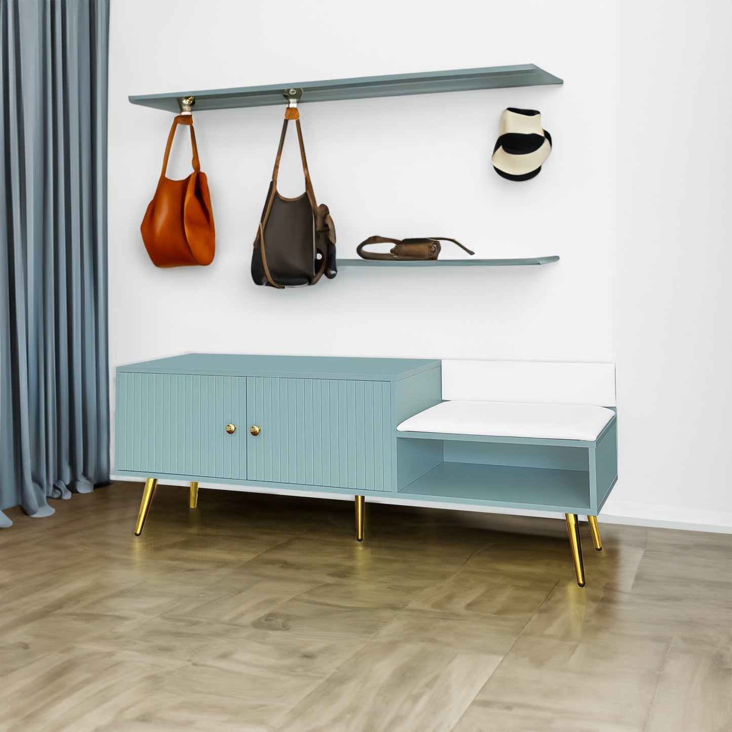 Modern Tiffany Blue Shoe Storage Bench with Cushions