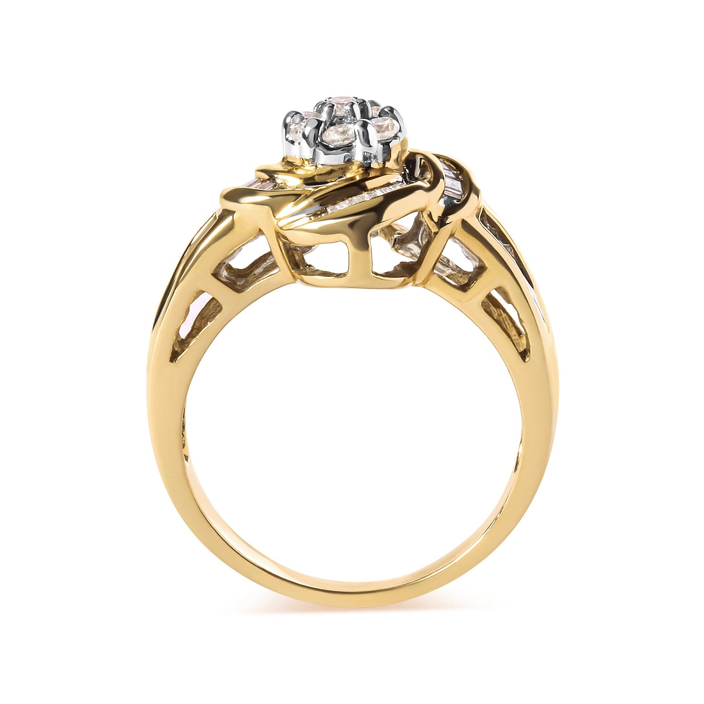 Bague cocktail en or jaune 10K avec diamants en forme de fleur - Taille 7