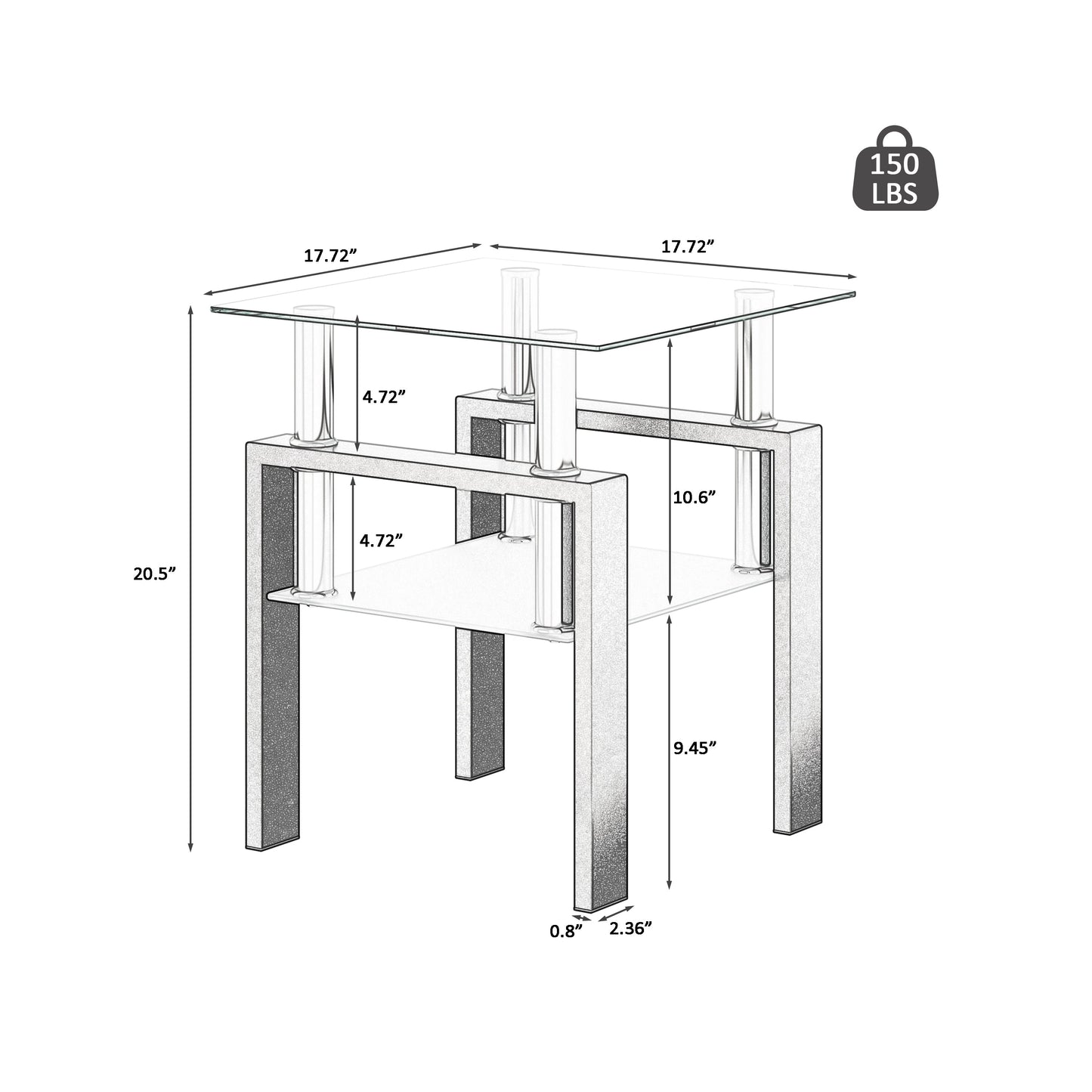 1-Piece Modern Tempered Glass Tea Table Coffee Table End Table, Square Table for Living Room, Transparent/Black - Korvel
