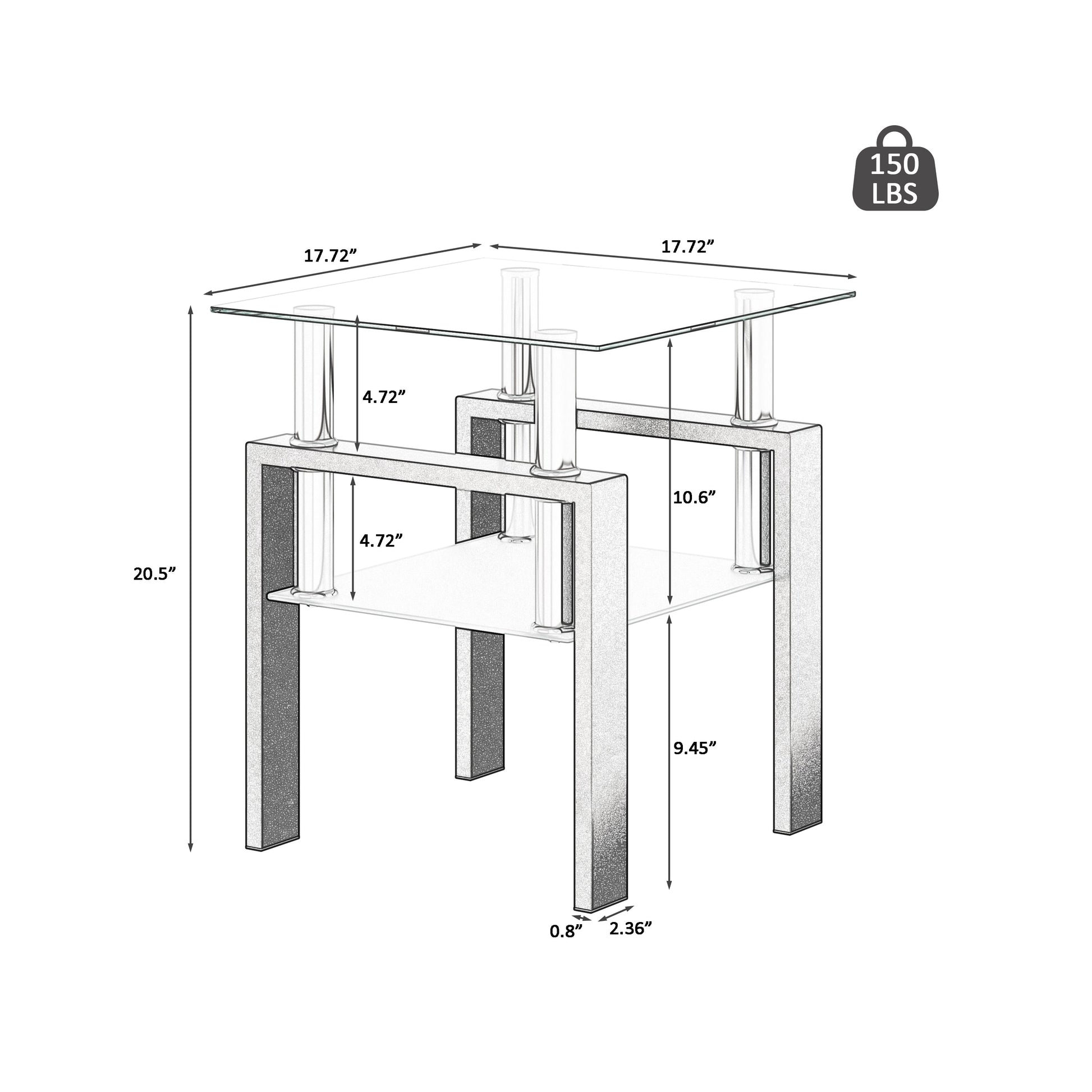 1-Piece Modern Tempered Glass Tea Table Coffee Table End Table, Square Table for Living Room, Transparent/Black - Korvel