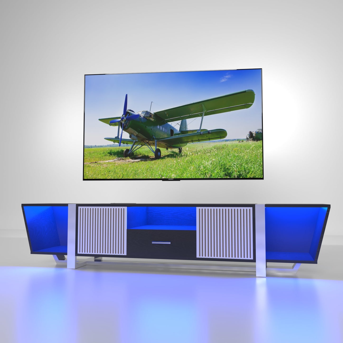 Console TV noire moderne avec rangement et éclairage LED
