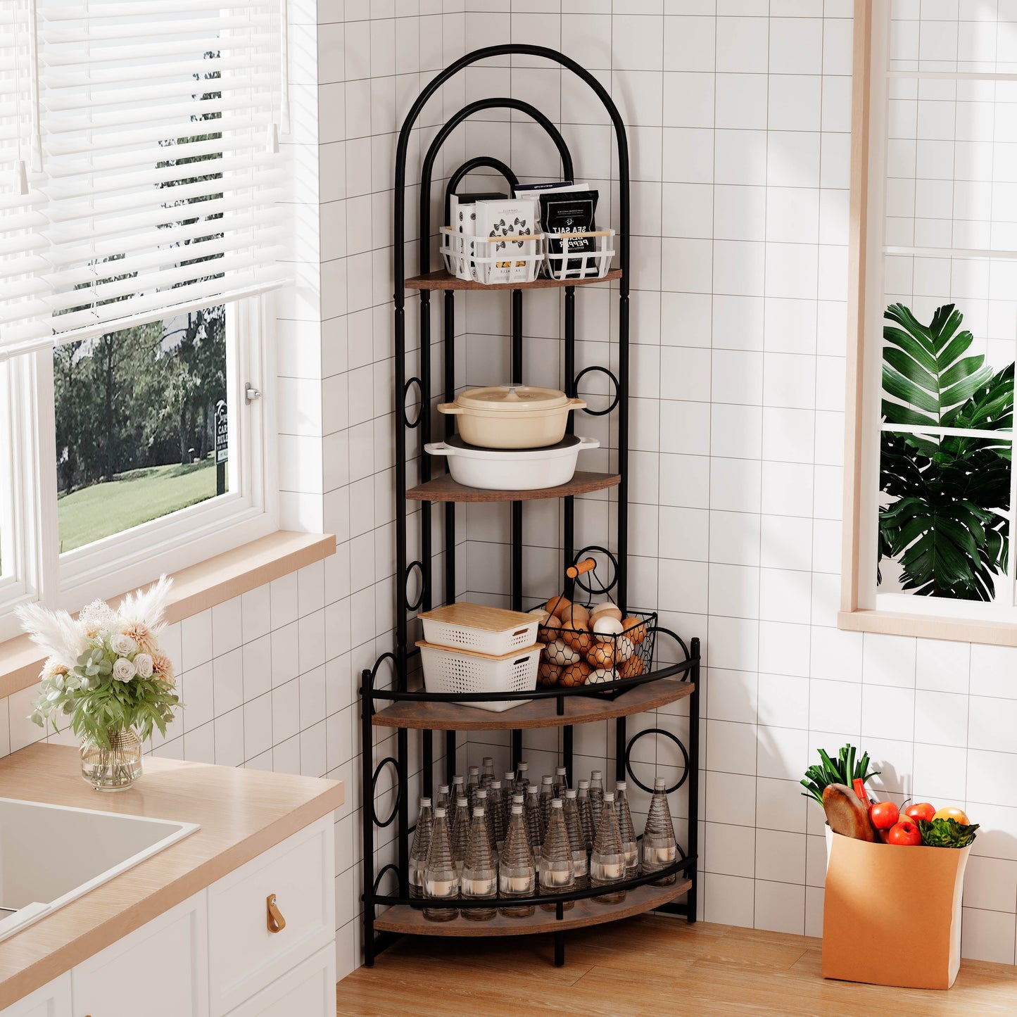 4-Tier Corner Bookshelf, Modern Style, Plant Stand with Metal Frame - Korvel