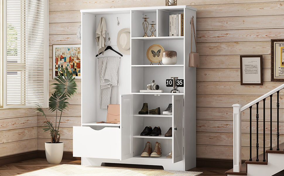 Multi-functional Hall Tree with Storage Shelves Drawers Cabinet Elegant Hallway Shoe Cabinet with Bench Modern Coat Rack White - Korvel
