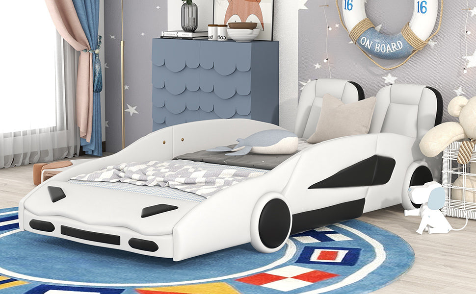 Twin Size Race Car Platform Bed with Wheels - White