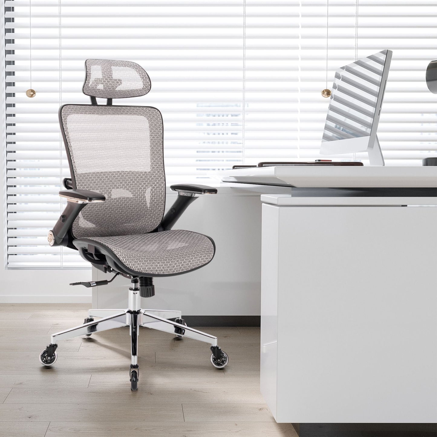 GREY Ergonomic Mesh Office Chair High Back - Adjustable Headrest with Flip-Up Arms - Korvel