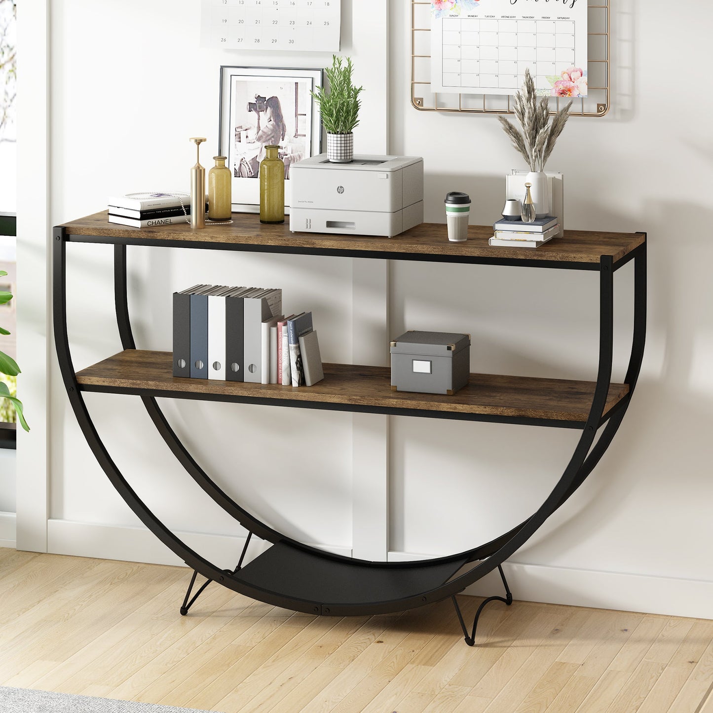 TREXM Rustic Industrial Design Demilune Shape Textured Metal Distressed Wood Console Table (Distressed Brown) - Korvel