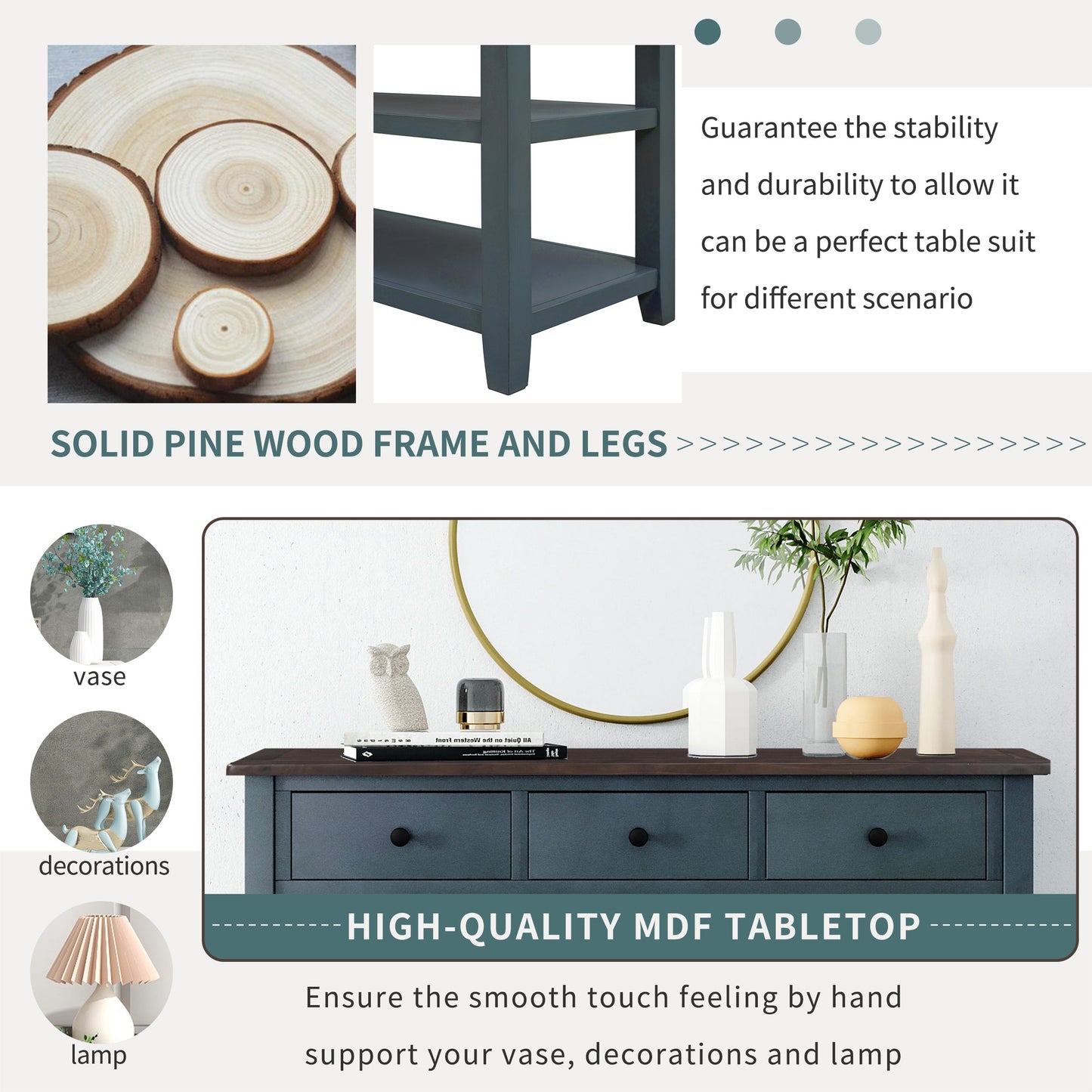 Retro Design Console Table with Two Open Shelves, Pine Solid Wood Frame and Legs for Living Room (Navy) - Korvel