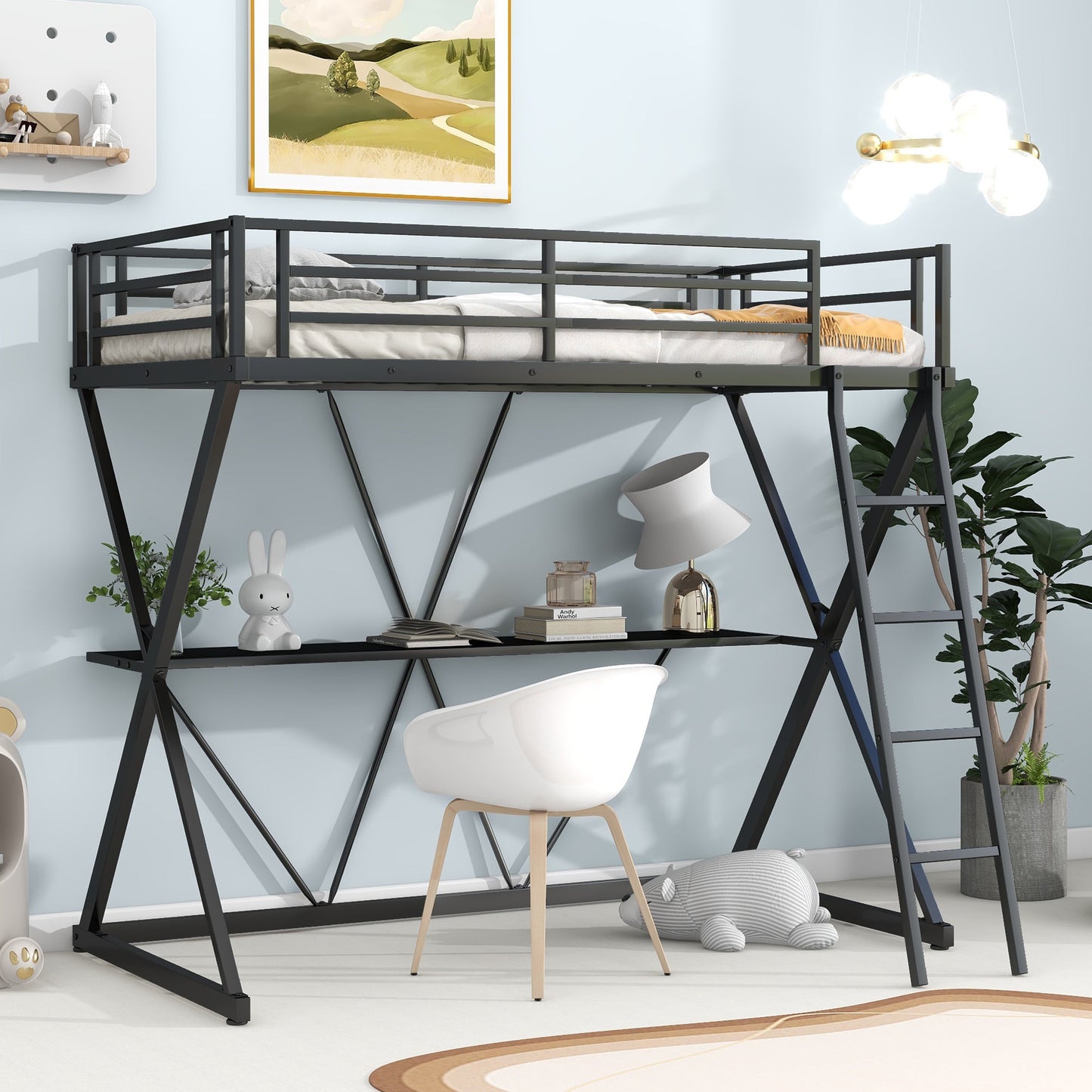 Premium Twin Size Loft Bed with Desk and Guardrails - Black