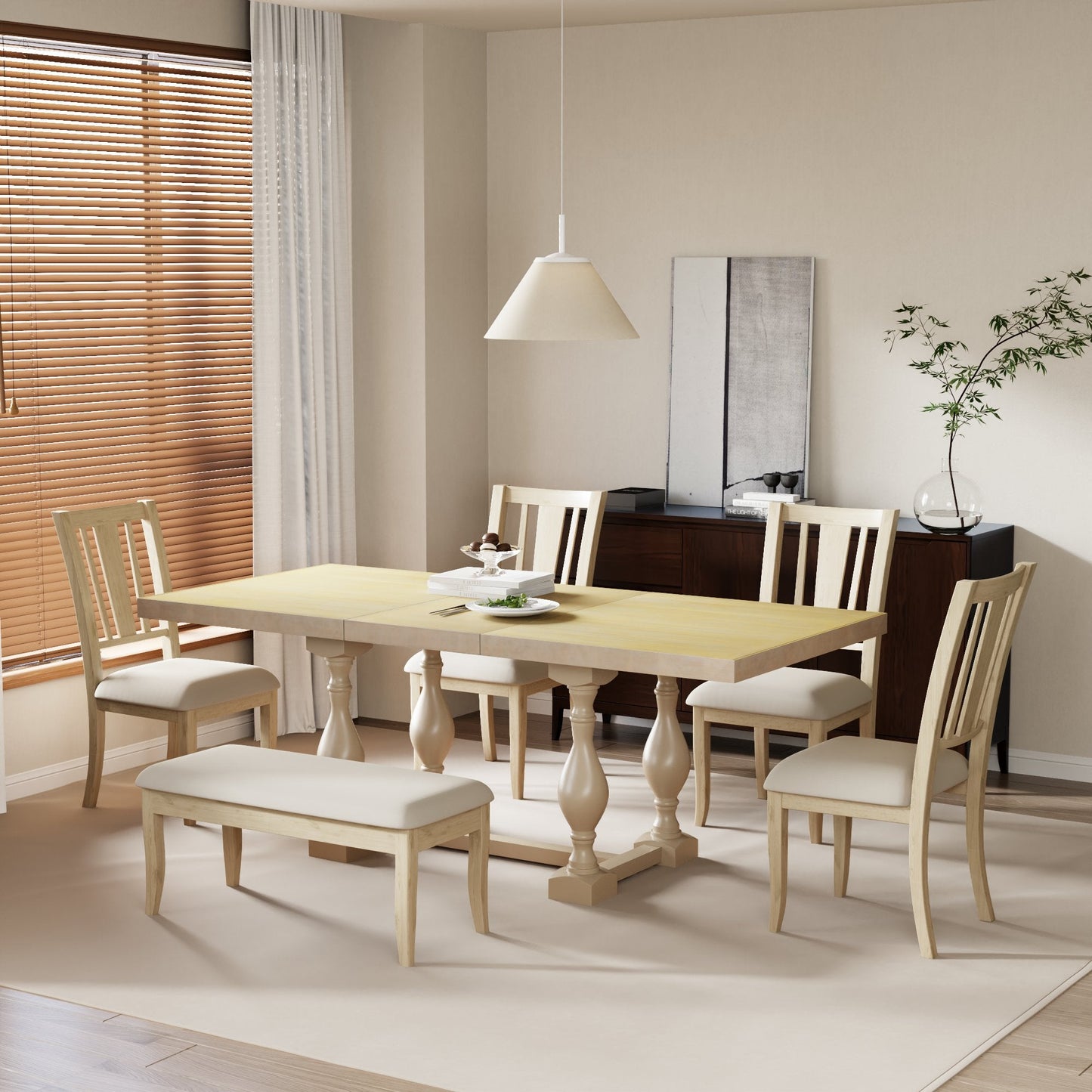 Traditional 6-Piece 78inch Trestle Extendable Dining Table Set with One 18inch Removable Leaf Padded Dining Chairs Bench,Natural - Korvel