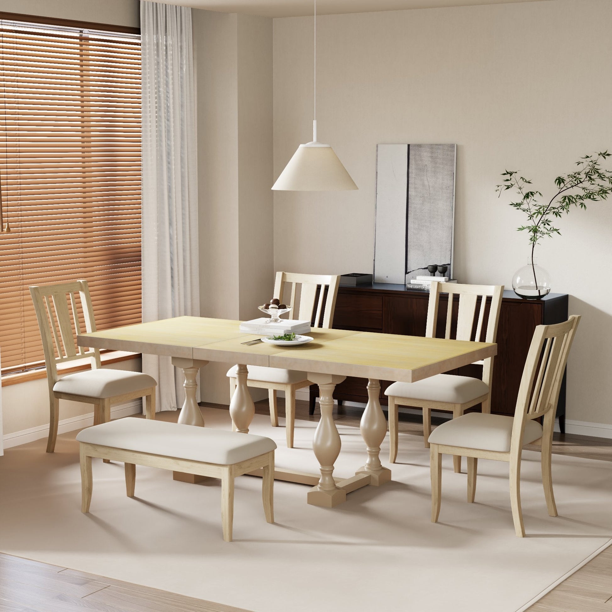Traditional 6-Piece 78inch Trestle Extendable Dining Table Set with One 18inch Removable Leaf Padded Dining Chairs Bench,Natural - Korvel