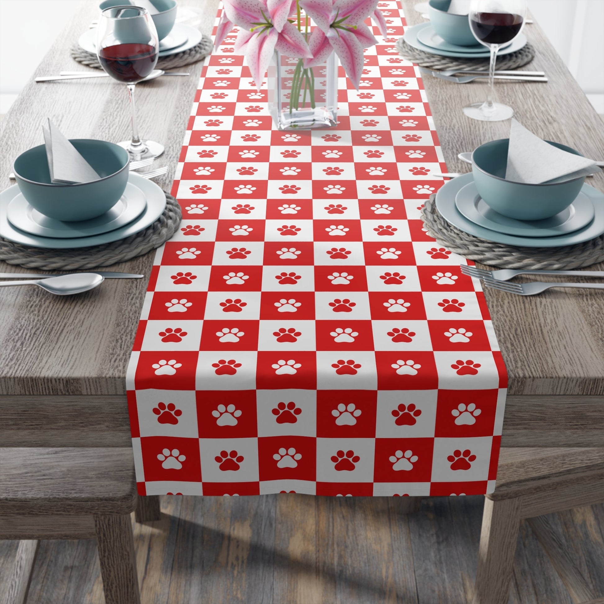 Charming Red & White Paws Table Runner - Cotton & Polyester Options - Korvel