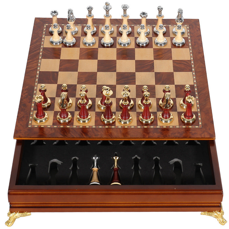 Luxury metal+solid wood tabletop for easy storage Chess set - Korvel