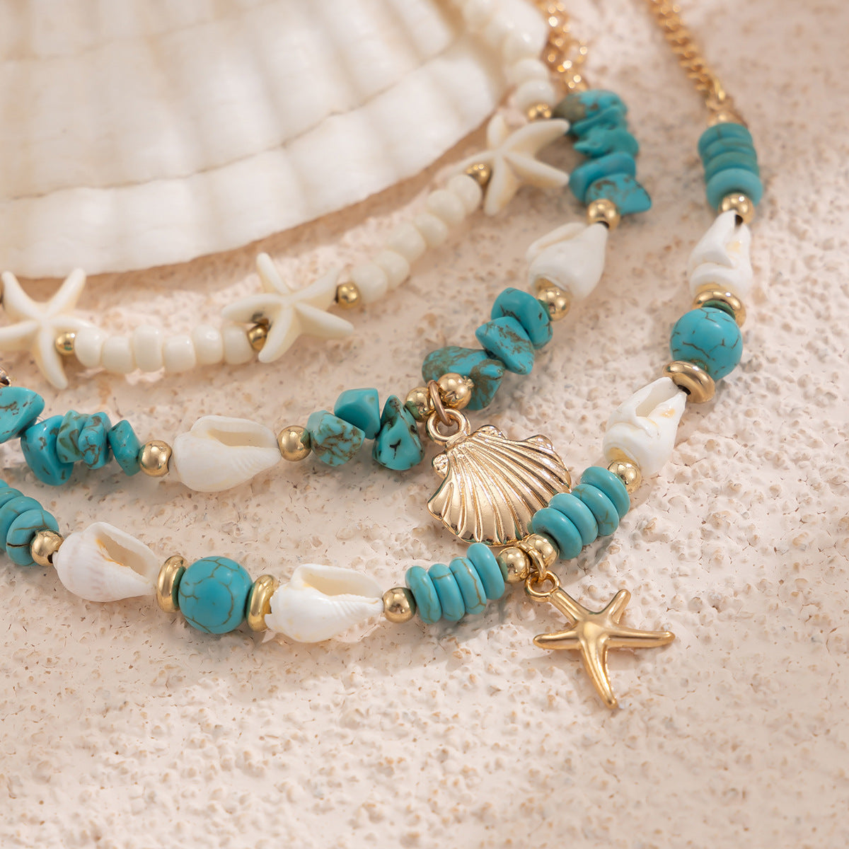 Vacation beach style turquoise set with special dense chain, simple starfish multi-layer rice bead ankle chain - Korvel