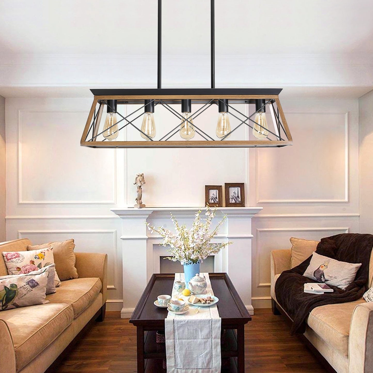 Farmhouse Chandeliers With 5 Bulbs For Dining Room Walnut - Korvel