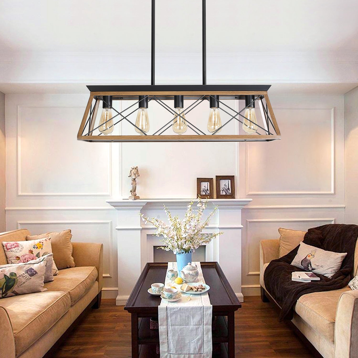Farmhouse Chandeliers With 5 Bulbs For Dining Room Walnut - Korvel