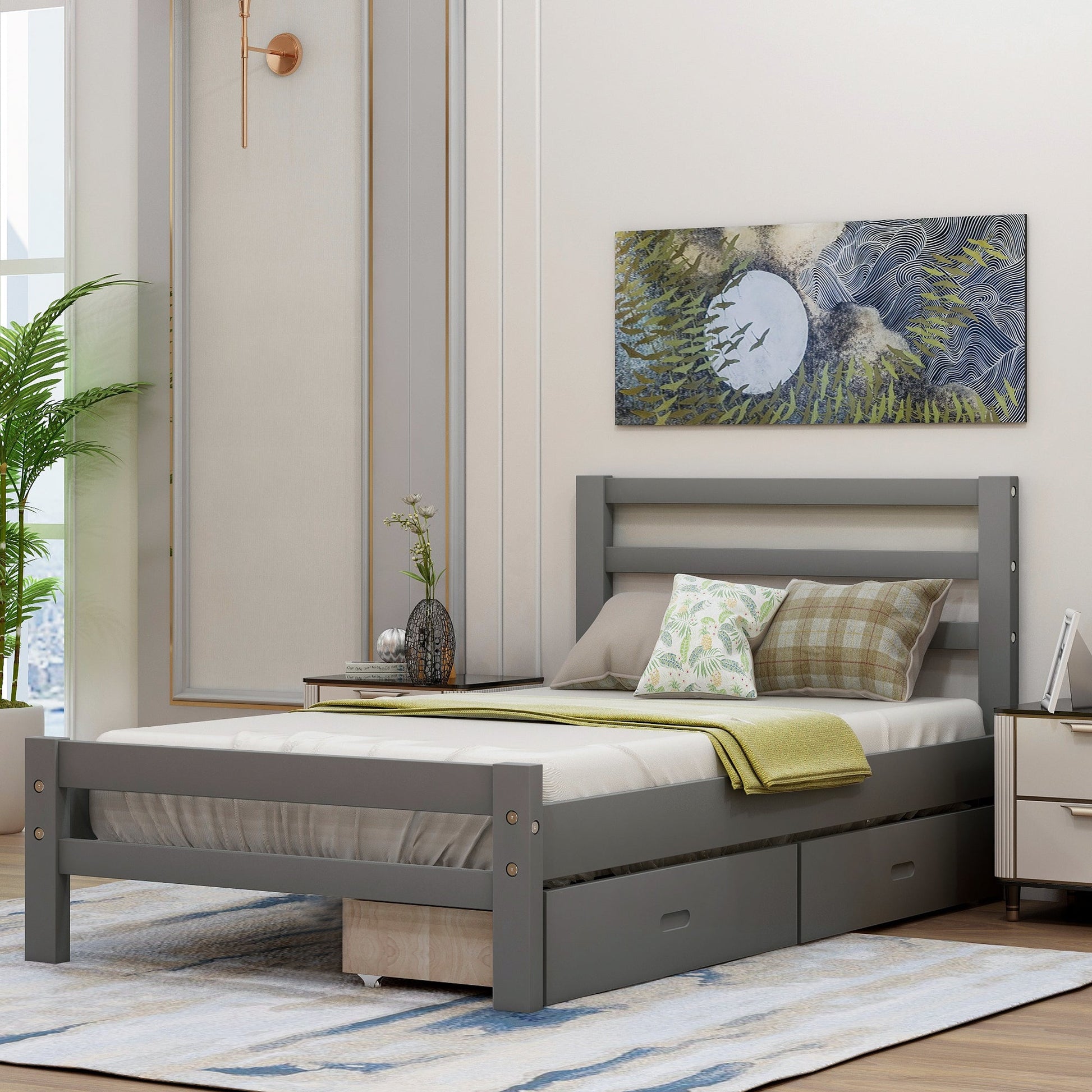 Wood platform bed with two drawers  twin (gray) - Korvel