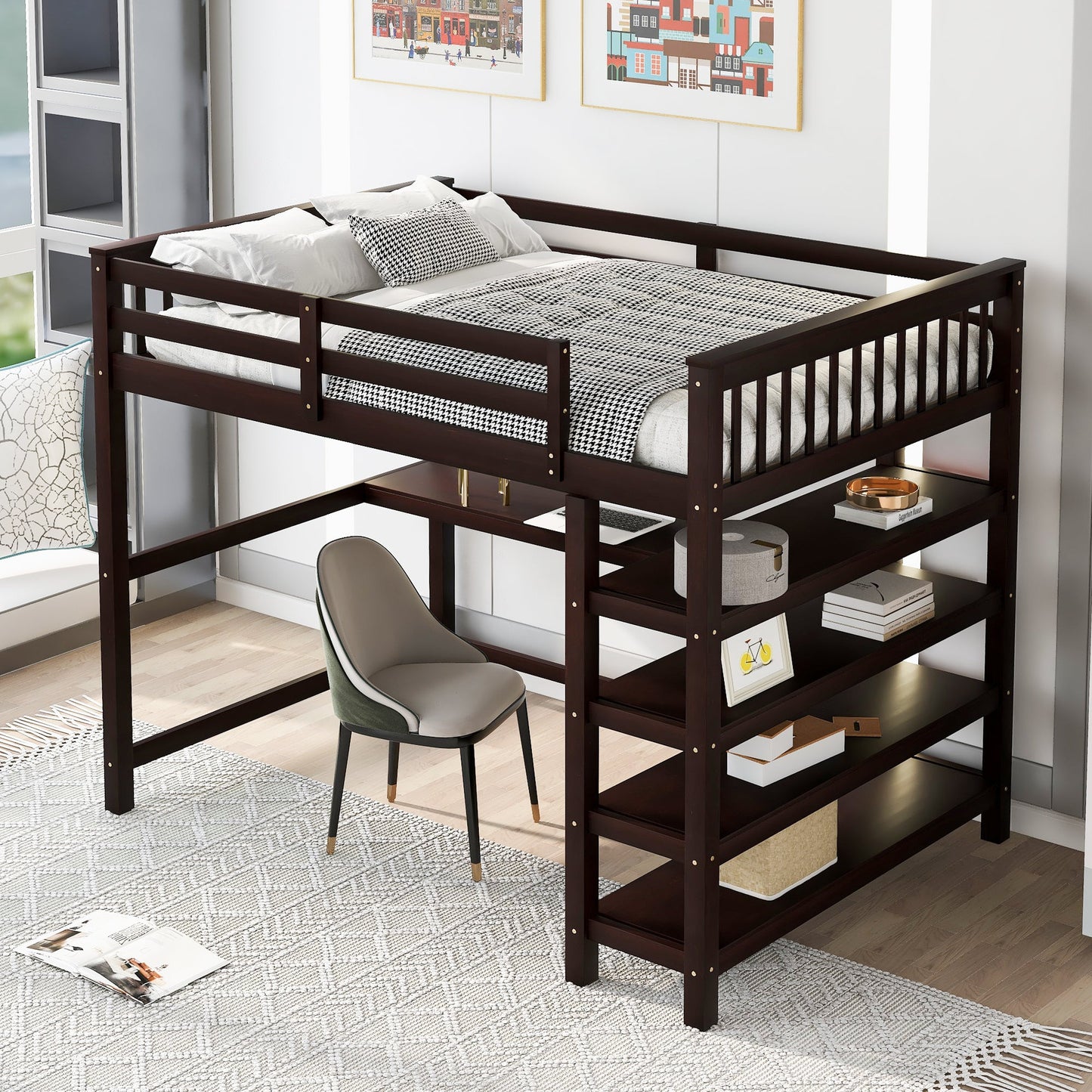 Full Size Loft Bed with Storage Shelves and Under-bed Desk  Espresso - Korvel