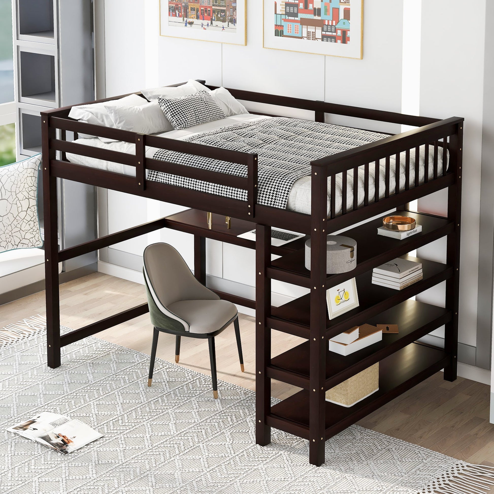 Full Size Loft Bed with Storage Shelves and Under-bed Desk  Espresso - Korvel