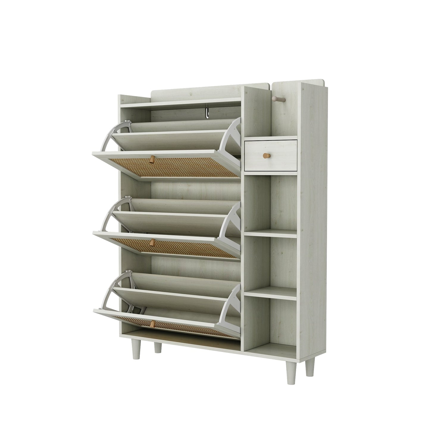 Natural Bohemian style shoe cabinet with 3 rattan flip drawers, 3 square shelves, and 1 storage drawer, white - Korvel