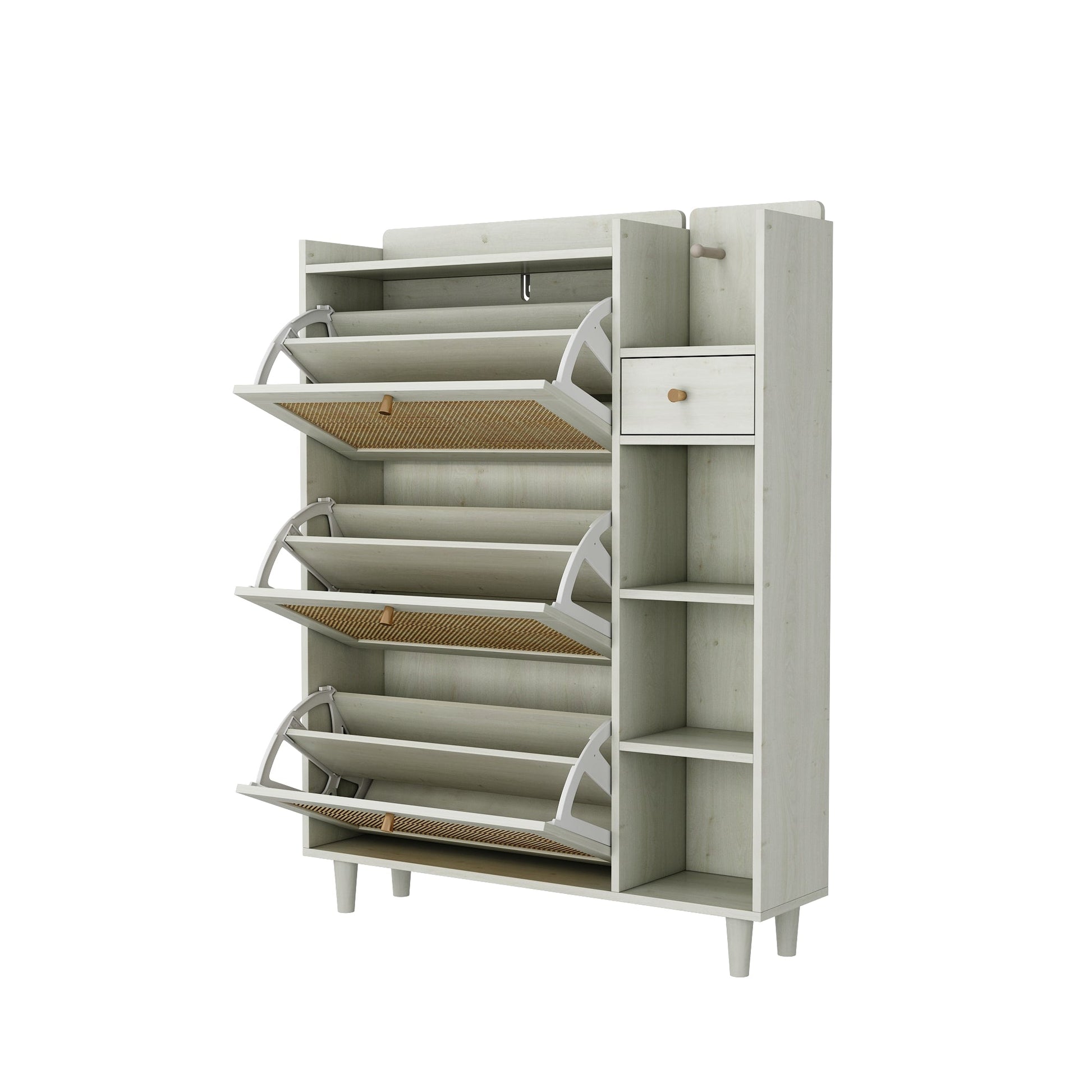 Natural Bohemian style shoe cabinet with 3 rattan flip drawers, 3 square shelves, and 1 storage drawer, white - Korvel