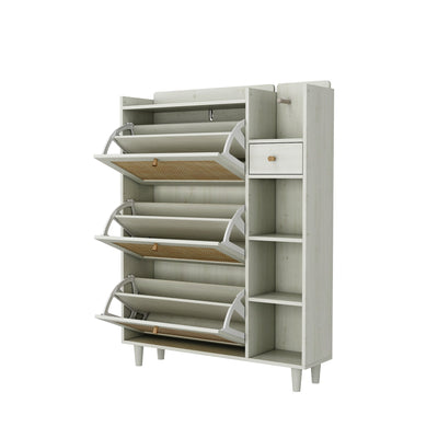 Natural Bohemian style shoe cabinet with 3 rattan flip drawers, 3 square shelves, and 1 storage drawer, white - Korvel
