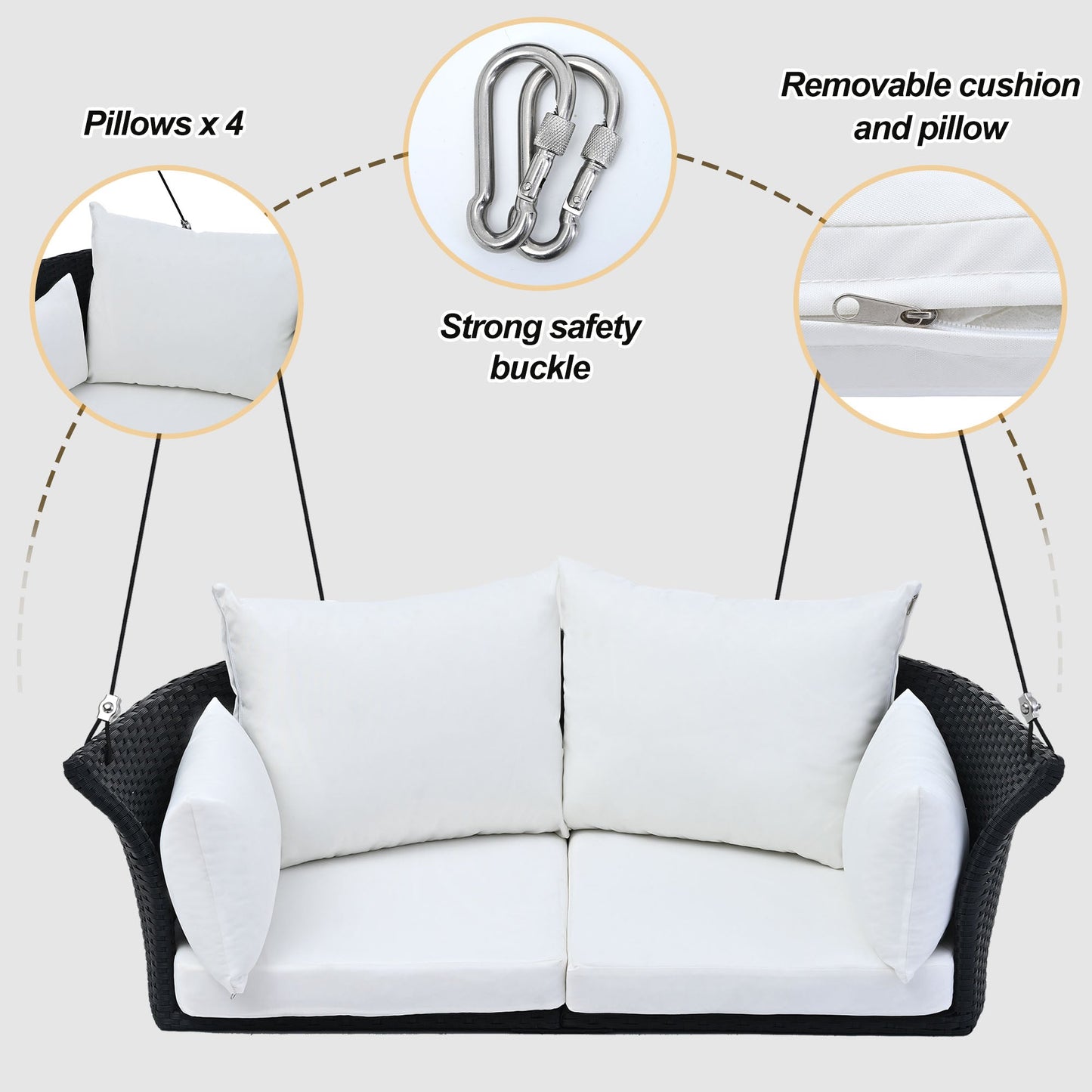 GO 51.9" 2-Person Hanging Seat, Rattan Woven Swing Chair, Porch Swing With Ropes, Black Wicker And White Cushion - Korvel