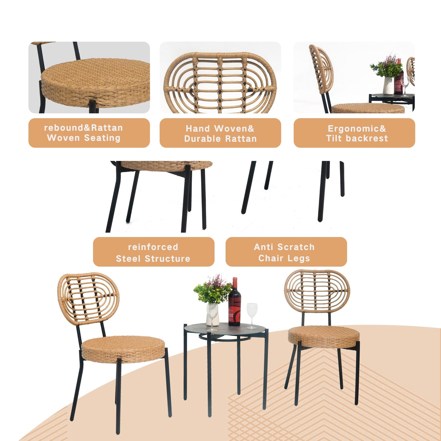 3 Pieces Of Luxury Outdoor Wicker Furniture - Patio Bistro Style Table And Chair Combination - Korvel