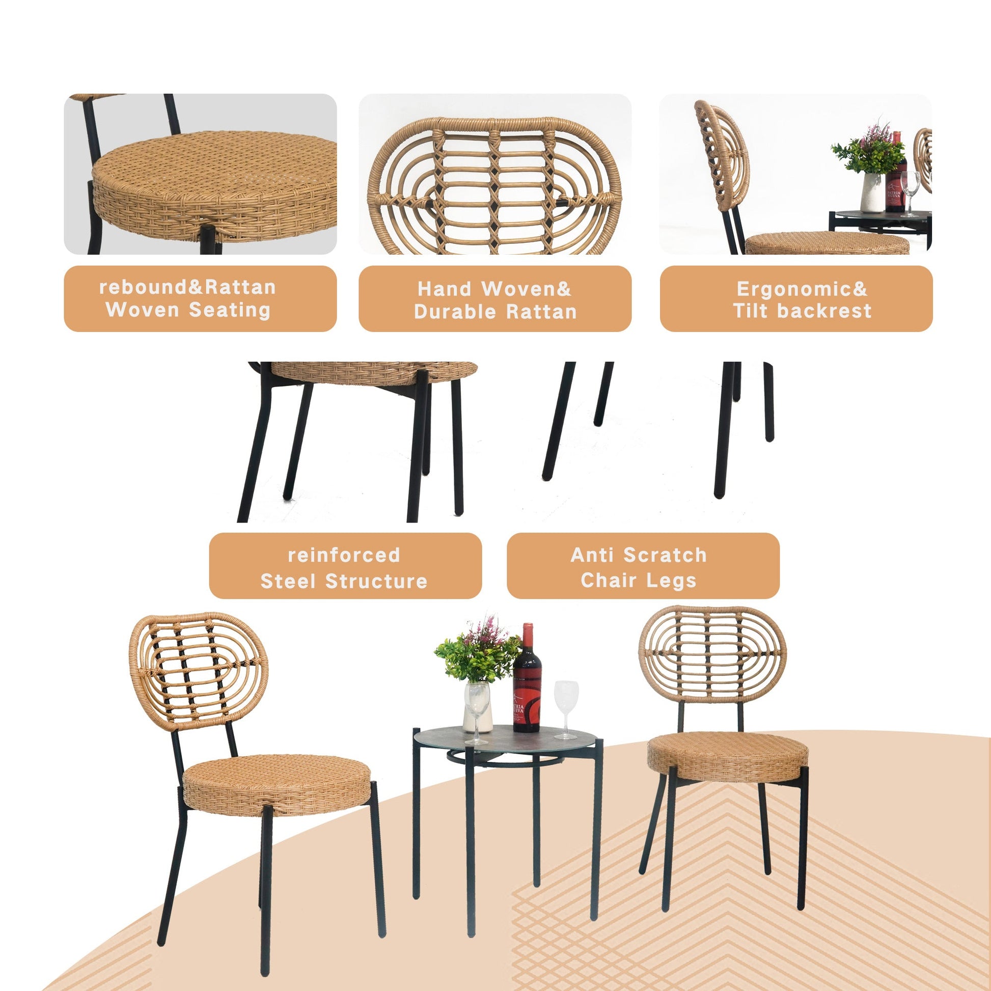 3 Pieces Of Luxury Outdoor Wicker Furniture - Patio Bistro Style Table And Chair Combination - Korvel